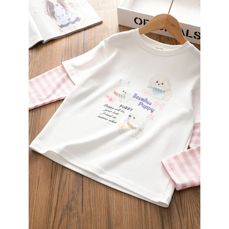 Meninas primavera novo estilo falso de duas peças de manga comprida camiseta estilo ocidental listrado dos desenhos anim