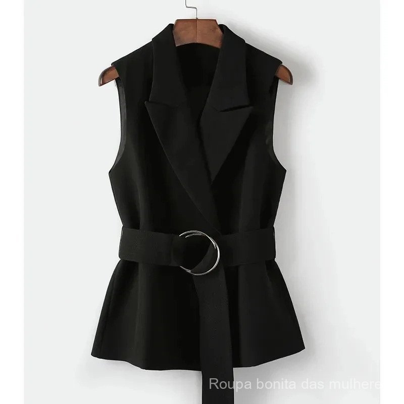 Novo Colete Feminino Coreano de Outono 2025, Estilo Britânico Solto, Sem Mangas, Blazer Casual Preto, Colete Feminino