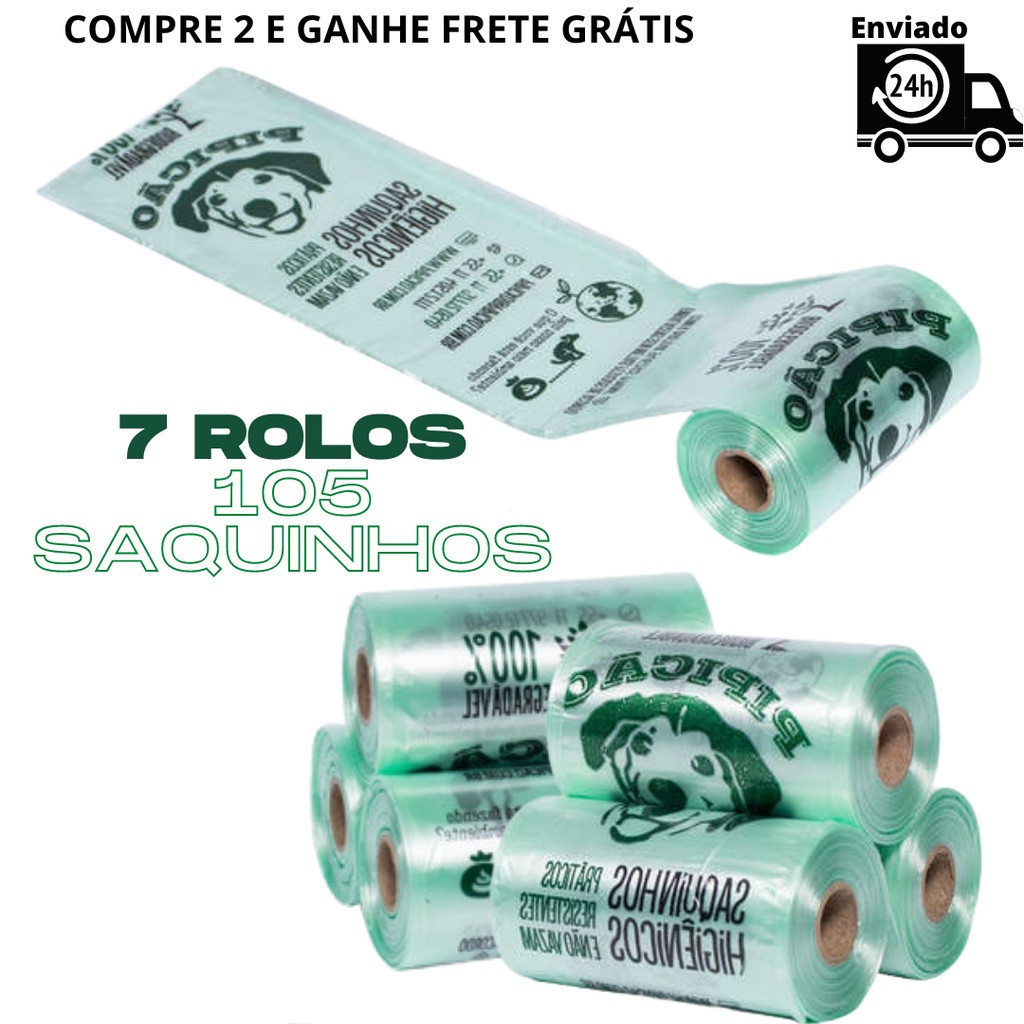 kit 7 Rolos Refil De Saquinhos Cata Caca Sacolas Biodegradáveis Coletor de Fezes Pipicão