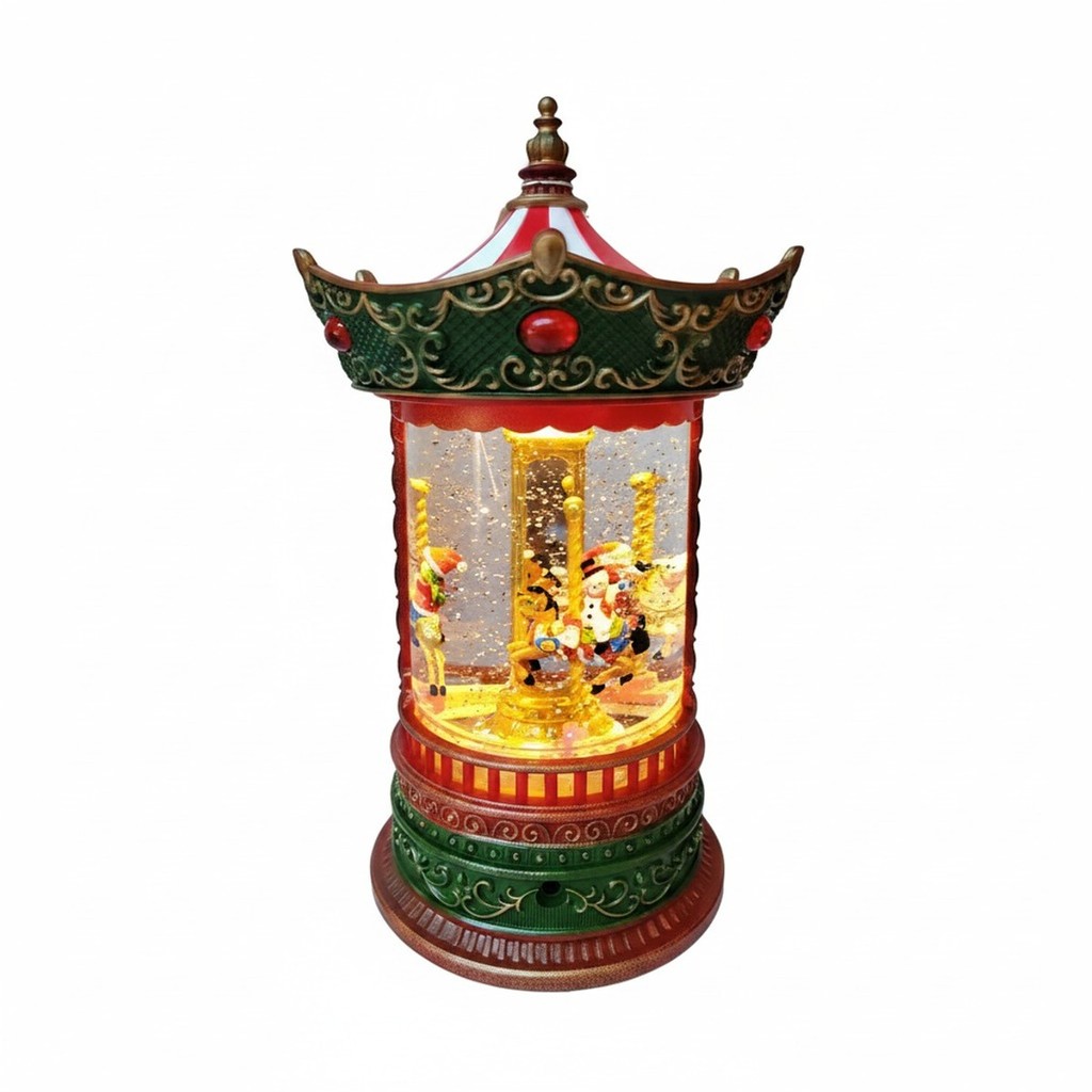 Globo de Água Carrossel LED Luxuoso Figuras Natalinas Luz Música Movimento Natal 15cm x 25cm