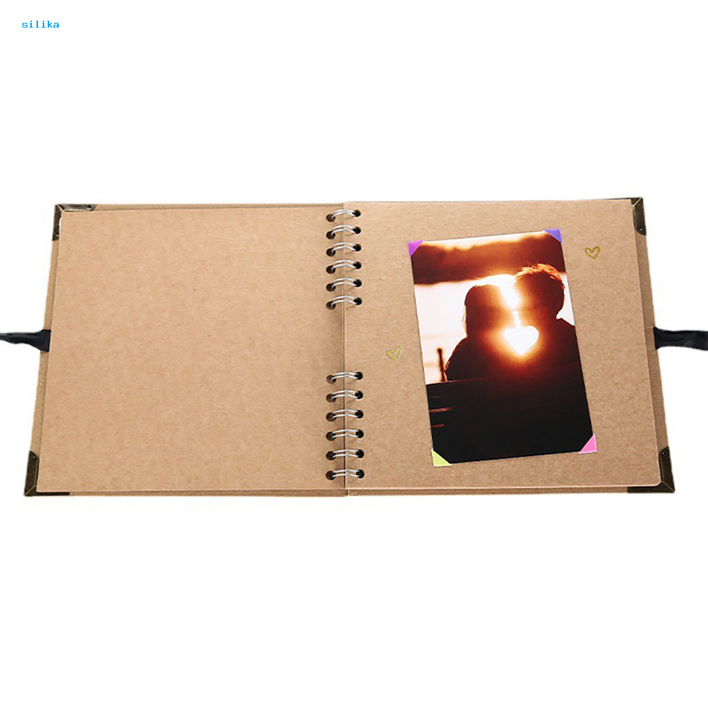 Scrapbook for Photos Diy Photo Album with Metal Corner Protectors Ribbon Tie Double Wire Coil Binding Blank Memo Book fo
