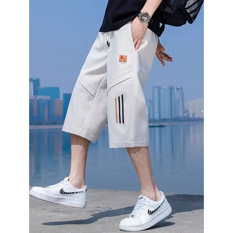 Calças cortadas retas masculinas verão gelo seda legal Shorts masculino adolescente costura calças esportivas casuais