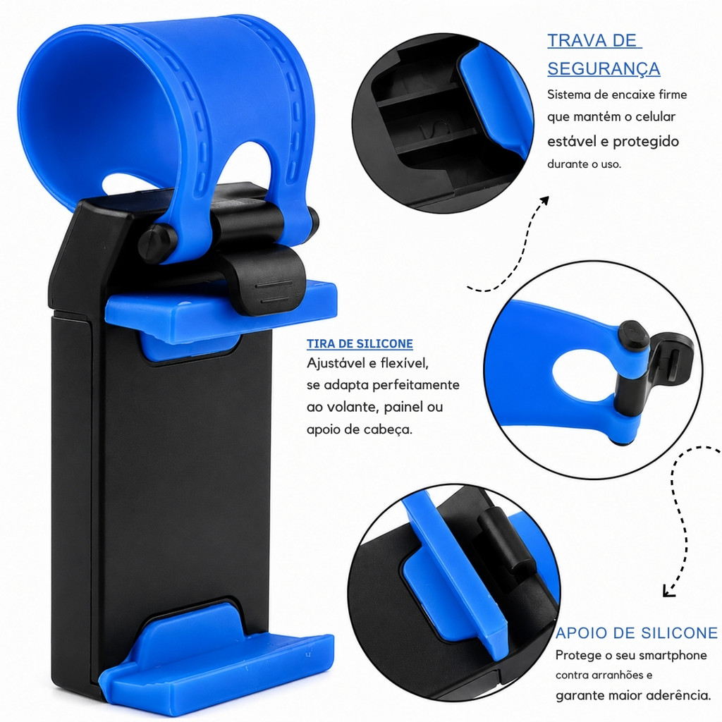 Suporte Veicular 3 Em 1 Para Celular Volante Painel Apoio De Cabeça Ajustável
