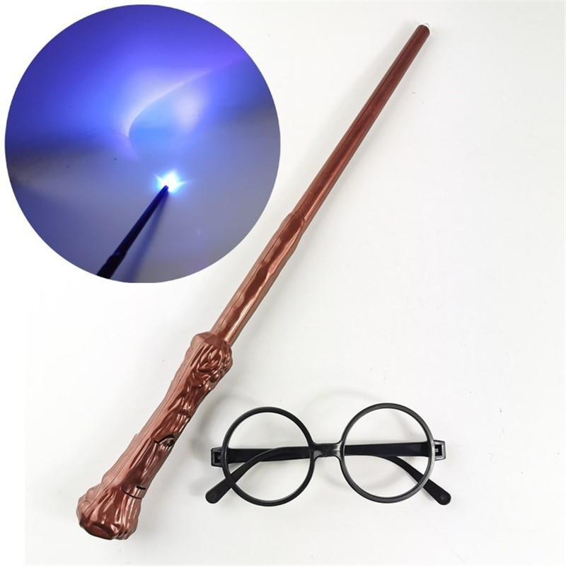 Conjunto de 2 peças de figuras do filme Harry Potter em PVC com efeitos de luz e som, varinha mágica do Harry Potter, óc
