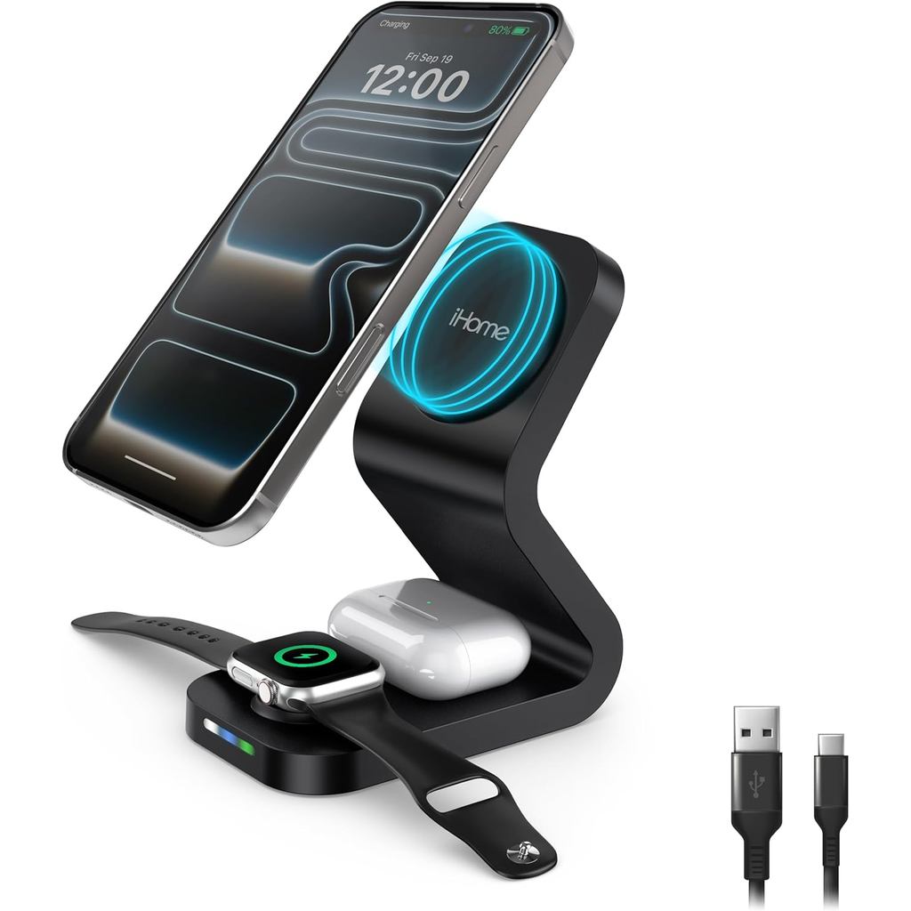 Suporte de Carregamento Sem Fio Magnético 3 em 1 iHome 15W, Compatível com MagSafe, Carrega Até 3 Dispositivos