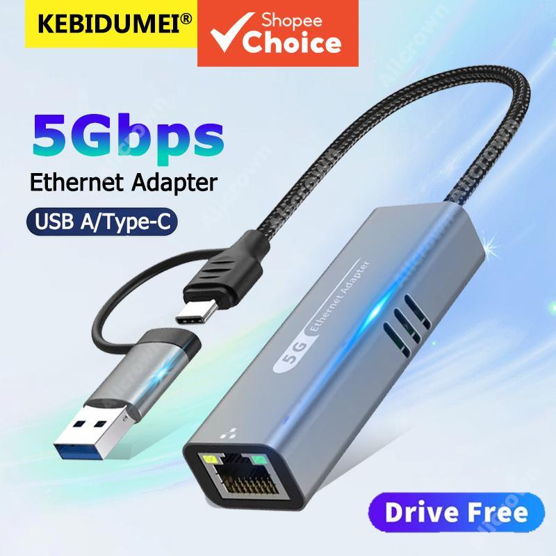 Adaptador USB para Ethernet 5 Gbps RJ45, 3,2 Gigabit, 5000 Mbps LAN Tipo C para Windows 10/11 e Mac OS 11