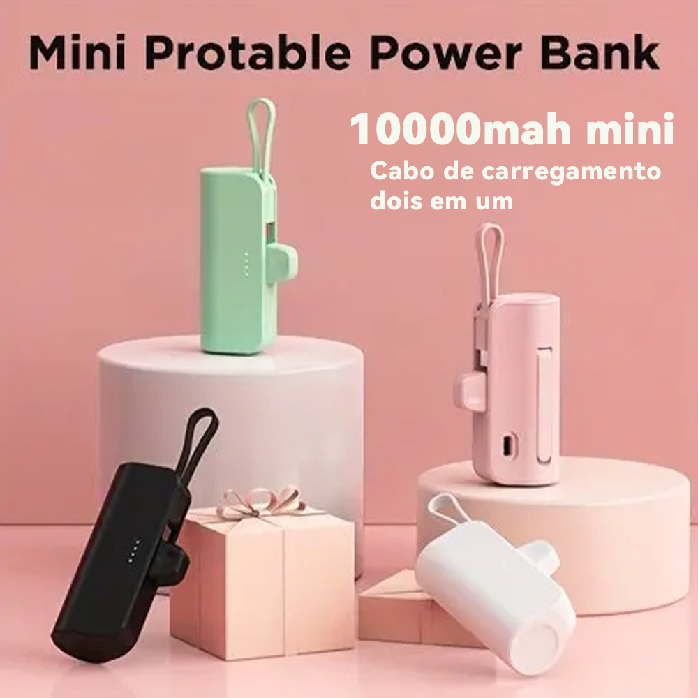 Power Bank Mini 10000mAh para Viagens: Recarga Sem Fio e Cabo (iPhone e Tipo-C) 2em1