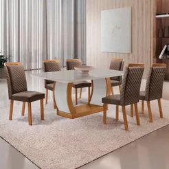 Mesa de Jantar Milena 180cm Tampo MDF Vidro Canto Copo com 6 Cadeiras Lorena Moderna Mobília