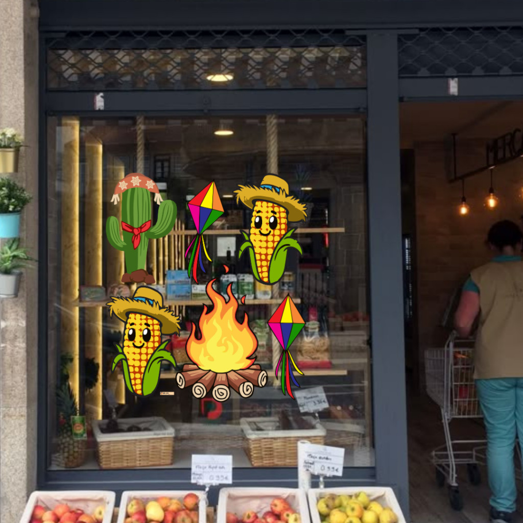 Adesivo de Parede Decorativo Festa Junina Fogueira Balão Milho Autocolante Para Vitrine Mercado
