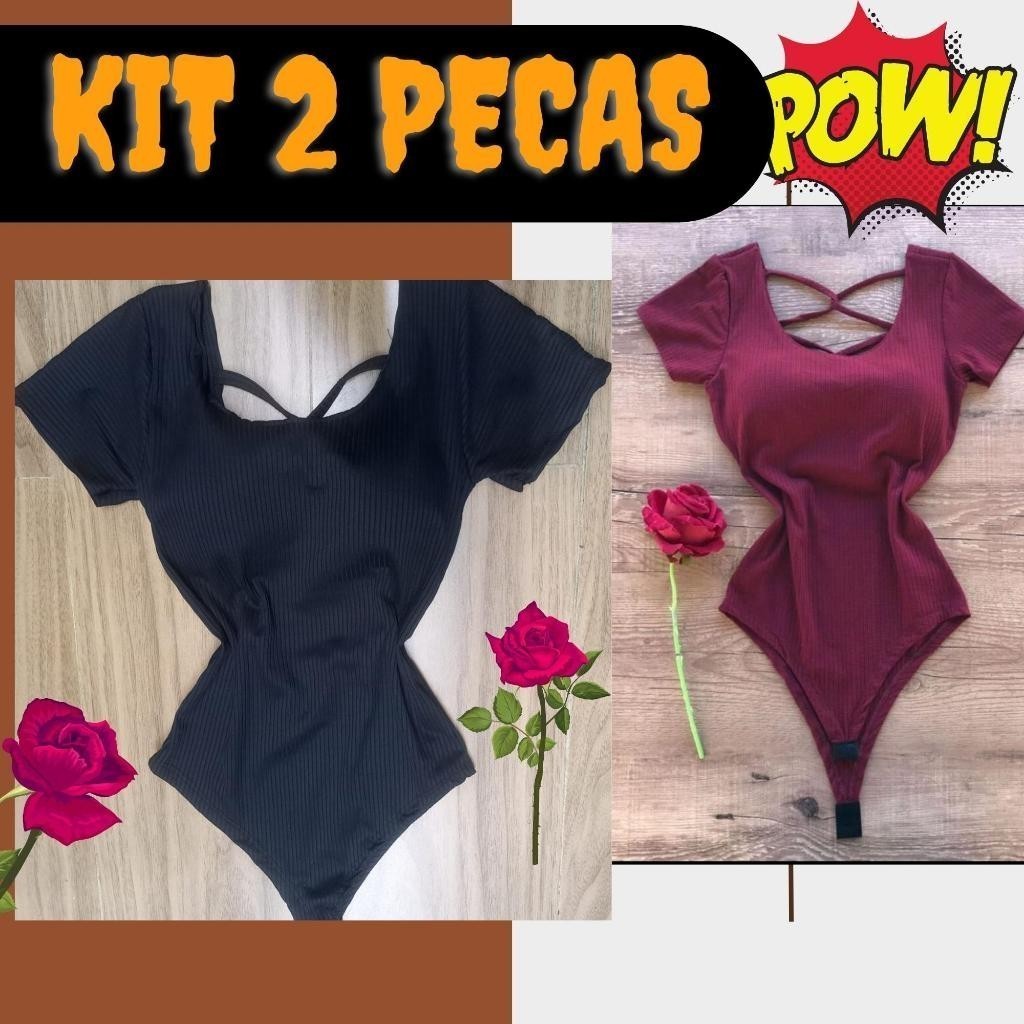 Body Femenina KIT 2 Pecas  Aberto Nas Costas Nua Básica Fashion Nas Cores Vinho Preto.11