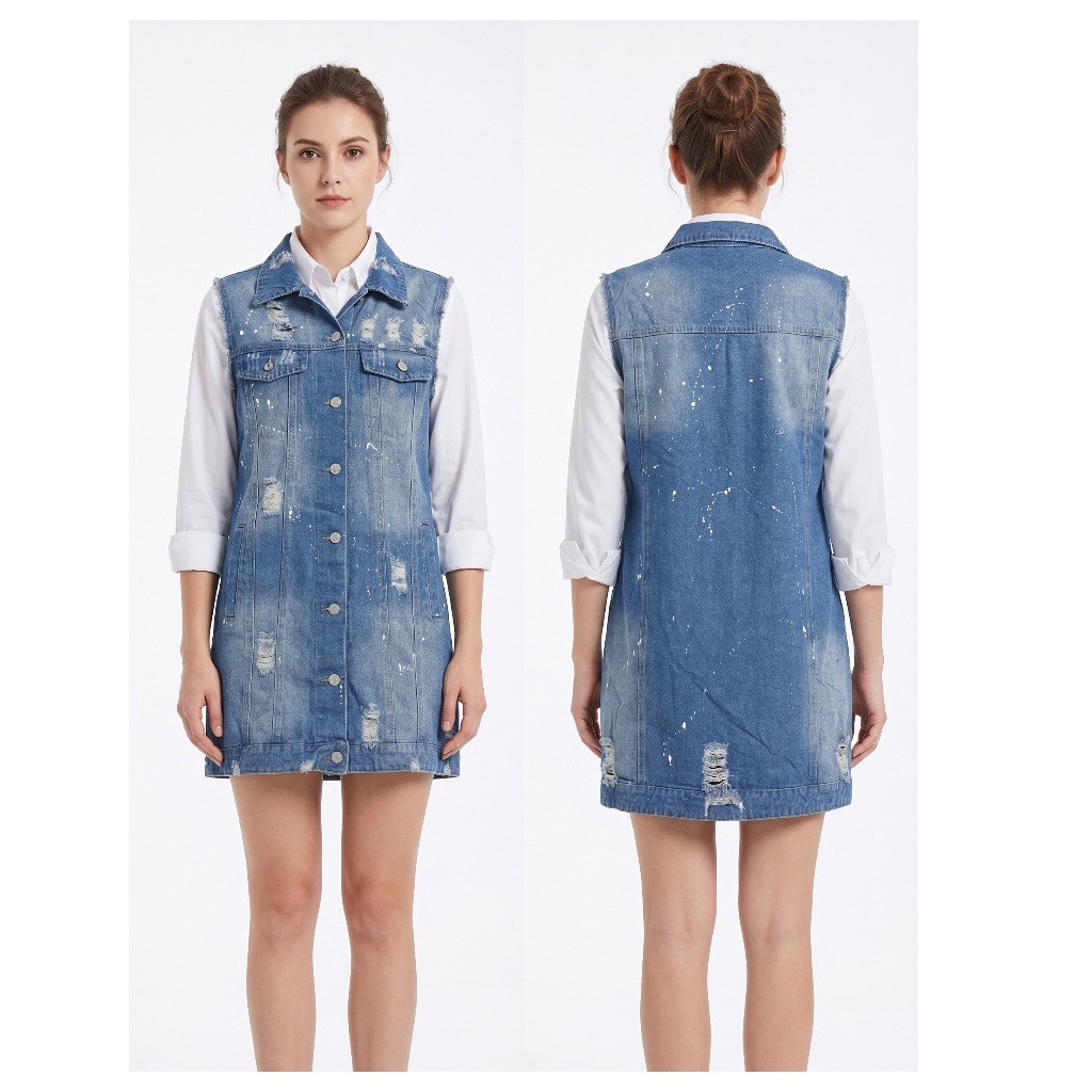 Colete Jeans Longo Feminino Destroyed com Bolsos e Abotoamento Frontal — imagem 2 de 2