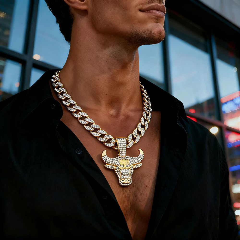 Colar Corrente Cubana Touro Strass Hip Hop Masculino Pingente Animal Streetwear Presente Swag