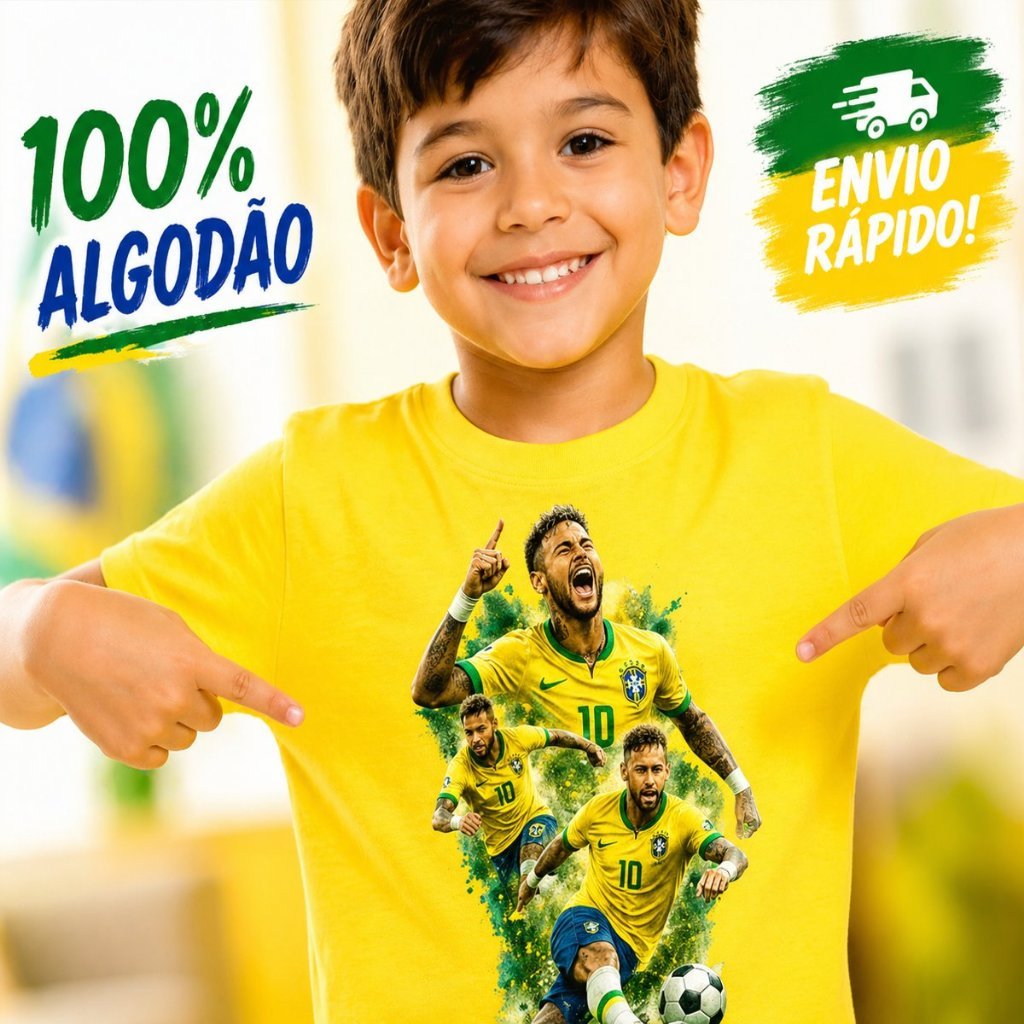 Camiseta Ney Jr Copa do Mundo Infantil Criança Infantil Juvenil Brasil 100% Algodão Wsel