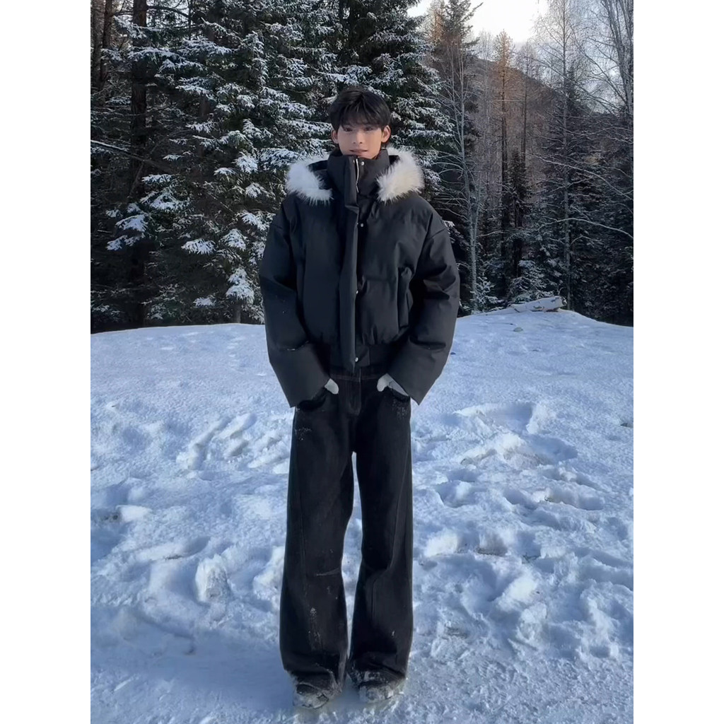 Preto grande gola de pele jaqueta de couro do plutônio para baixo acolchoado jaqueta masculina inverno estilo americano