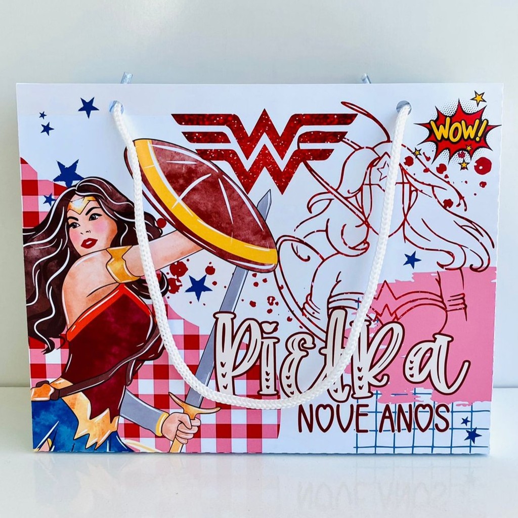 Kit Sacolinhas Mulher Maravilha Papelaria Personalizada Festa Infantil