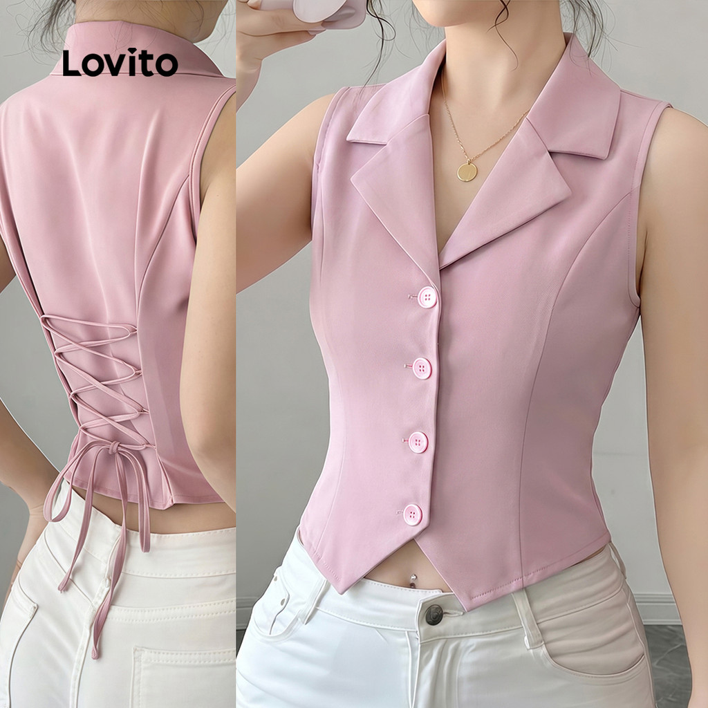 Lovito Casual Top Button Criss Cross Rosa Top para Mulheres LK4AD085
