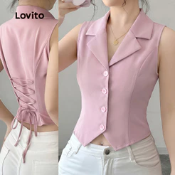 Lovito Casual Top Button Criss Cross Rosa Top para Mulheres LK4AD085