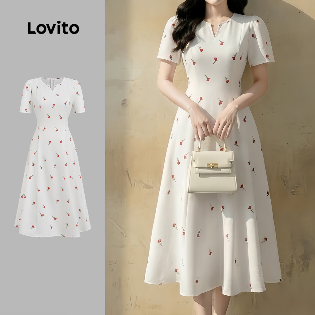 Lovito Vestido Elegante com Flores Confortável e Estiloso Branco Gelo para mulhe