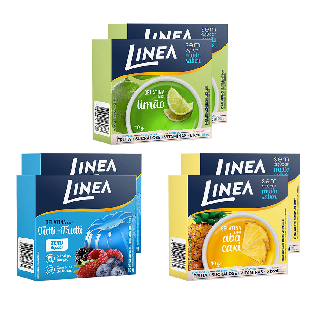 Kit 6 Gelatinas Linea Sabor Abacaxi, Limão e Tutti Frutti 10g