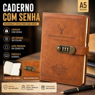 Caderno A5 Com Senha Cadeado Diário Vintage 192 Páginas Capa Couro PU Para Anotações Pres…