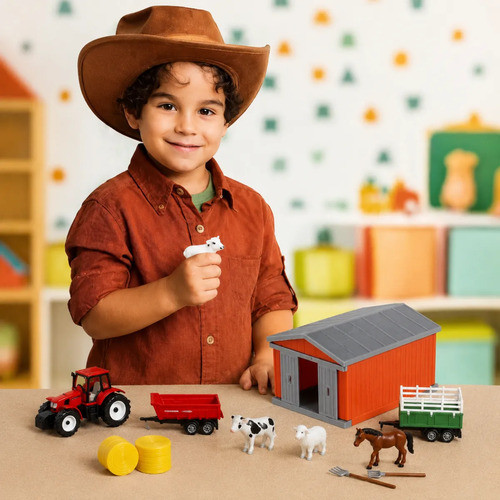 Kit Agro Fazendinha Celeiro Mini Trator Carretinha Brinquedo Colorido