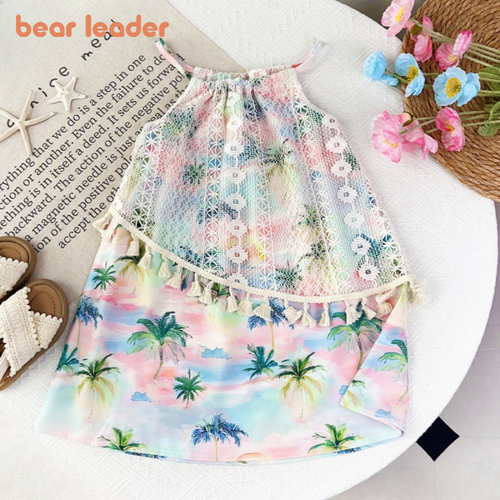 Urso Líder Verão Nova Estampa De Coqueiro Roupas De Bebê Meninas Estilo Boêmio Flor Oca Renda Borla Sling Vestido De Pri
