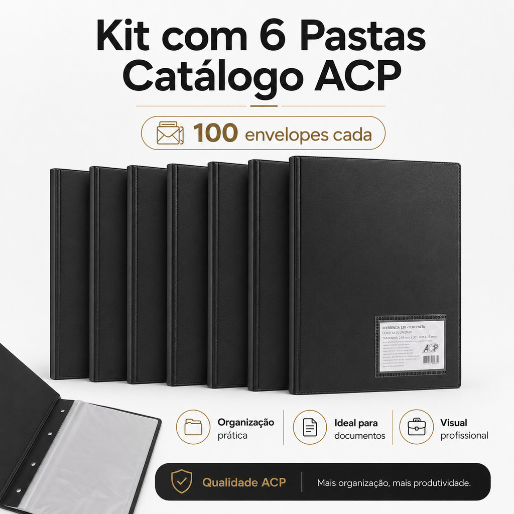 Kit 6 Pasta Catálogo ACP Preta 100 Envelopes A4 Escolar Escritório