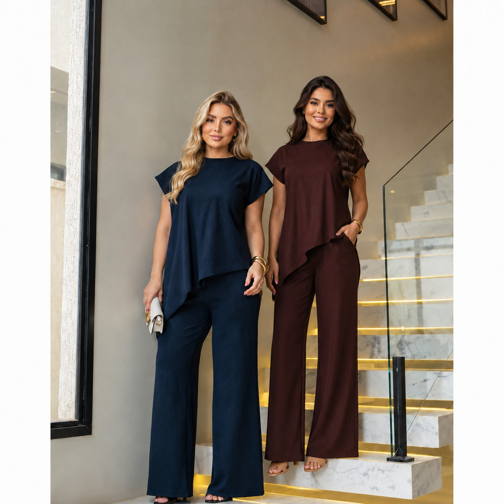 Conjunto Feminino Canelado Pantalona Comfy Elegante Assimétrico Confortável Cintura Alta P M G GG