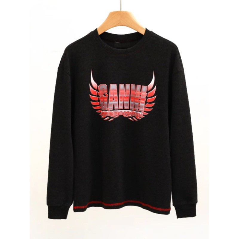 GANNI Dinamarca Coleção Nova de Outono 2022 Camiseta Pullover de Manga Longa Solta com Estampa de Asas e Decote Redondo