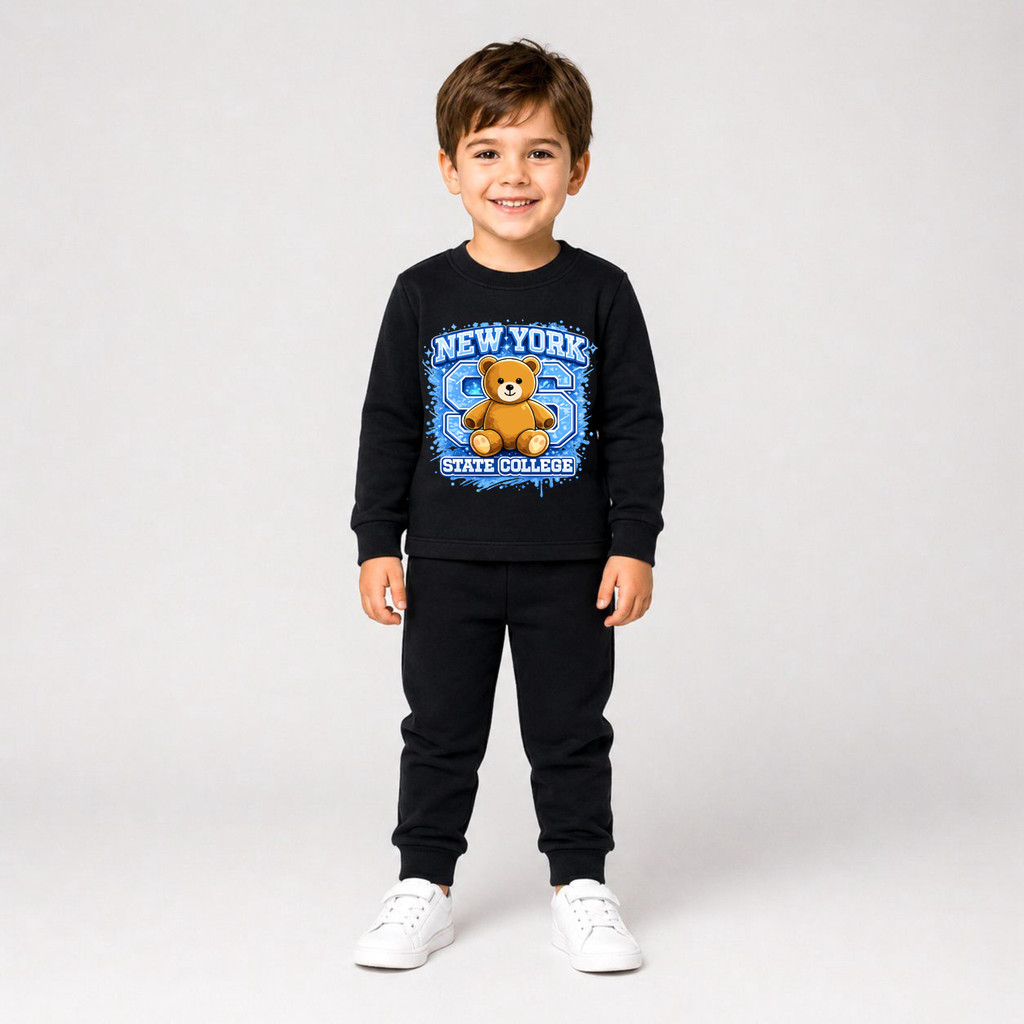 Conjunto Moletom Peluciado Infantil Menino Estampa Urso New York Fofo e Quentinho