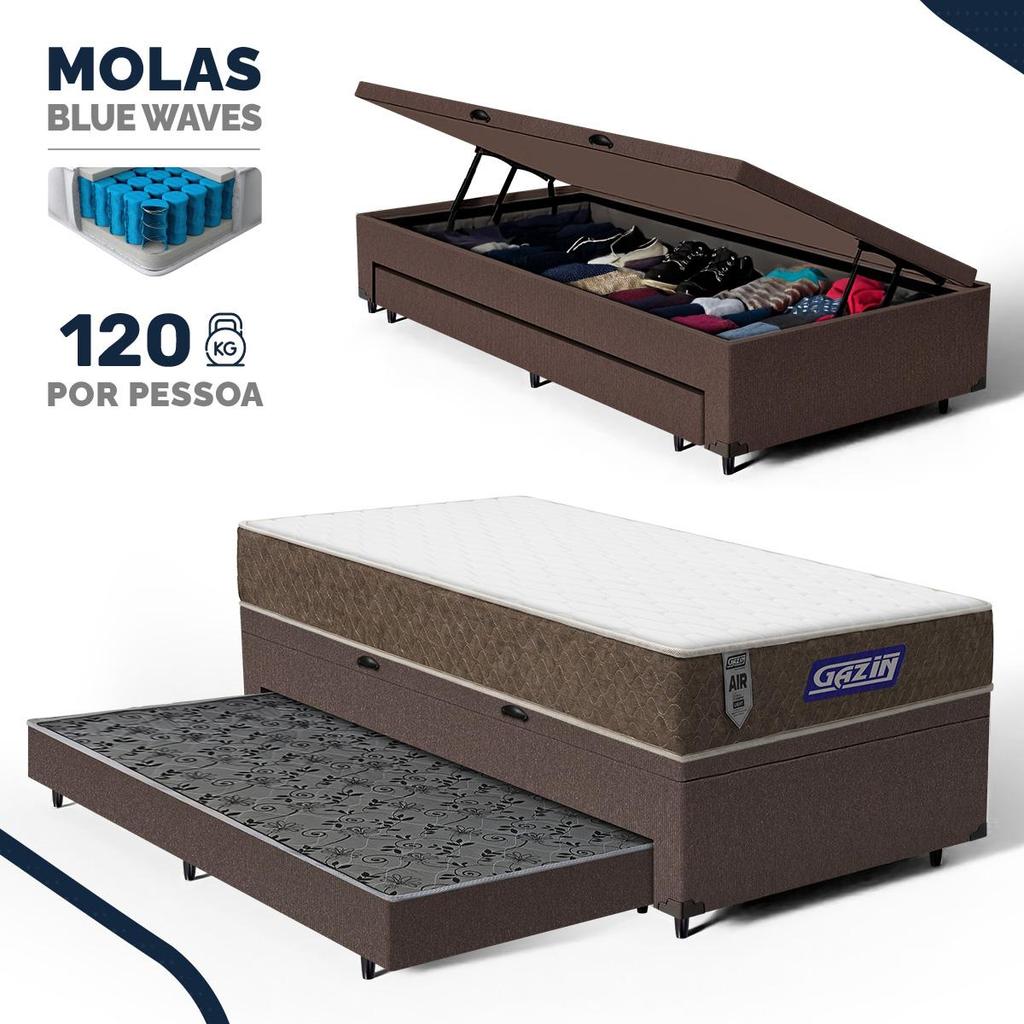 Cama Box Baú com Colchão Gazin de Molas Ensacadas One Face Air Light + Auxiliar Espuma Solteiro 88cm