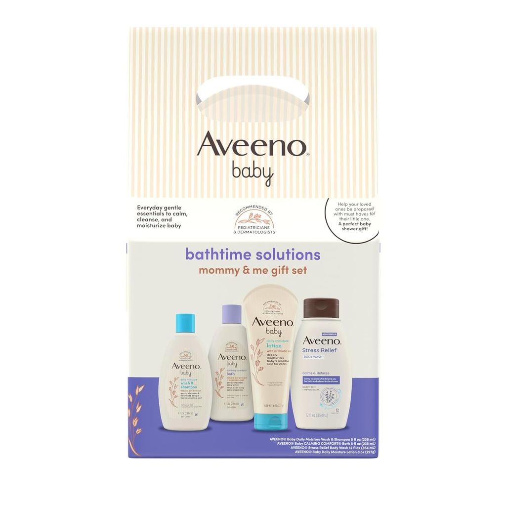 Conjunto de Presente Aveeno Baby Bathtime Solutions para Mãe e Bebê, Sabonete e Shampoo para Bebê, Banho Calmante, Loção