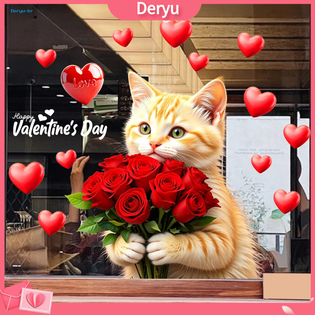Cute Cat Window Decal Valentine Sticker Valentine’s Day Clings Holding Rose Bouquet Double-sided Pvc Stickers Glass De