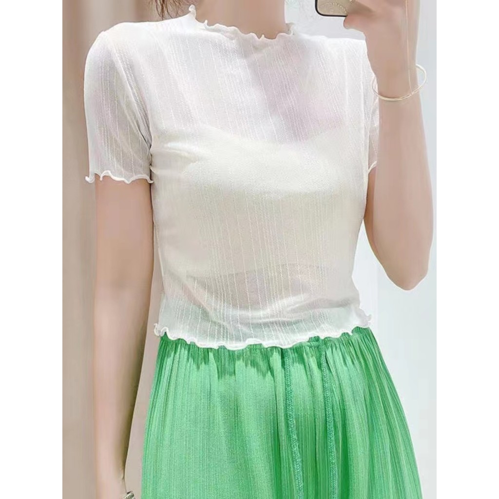 Branco curto renda camisa de fundo feminino verão Net gaze camiseta areia corpo manga curta gaze estilingue vestido inte