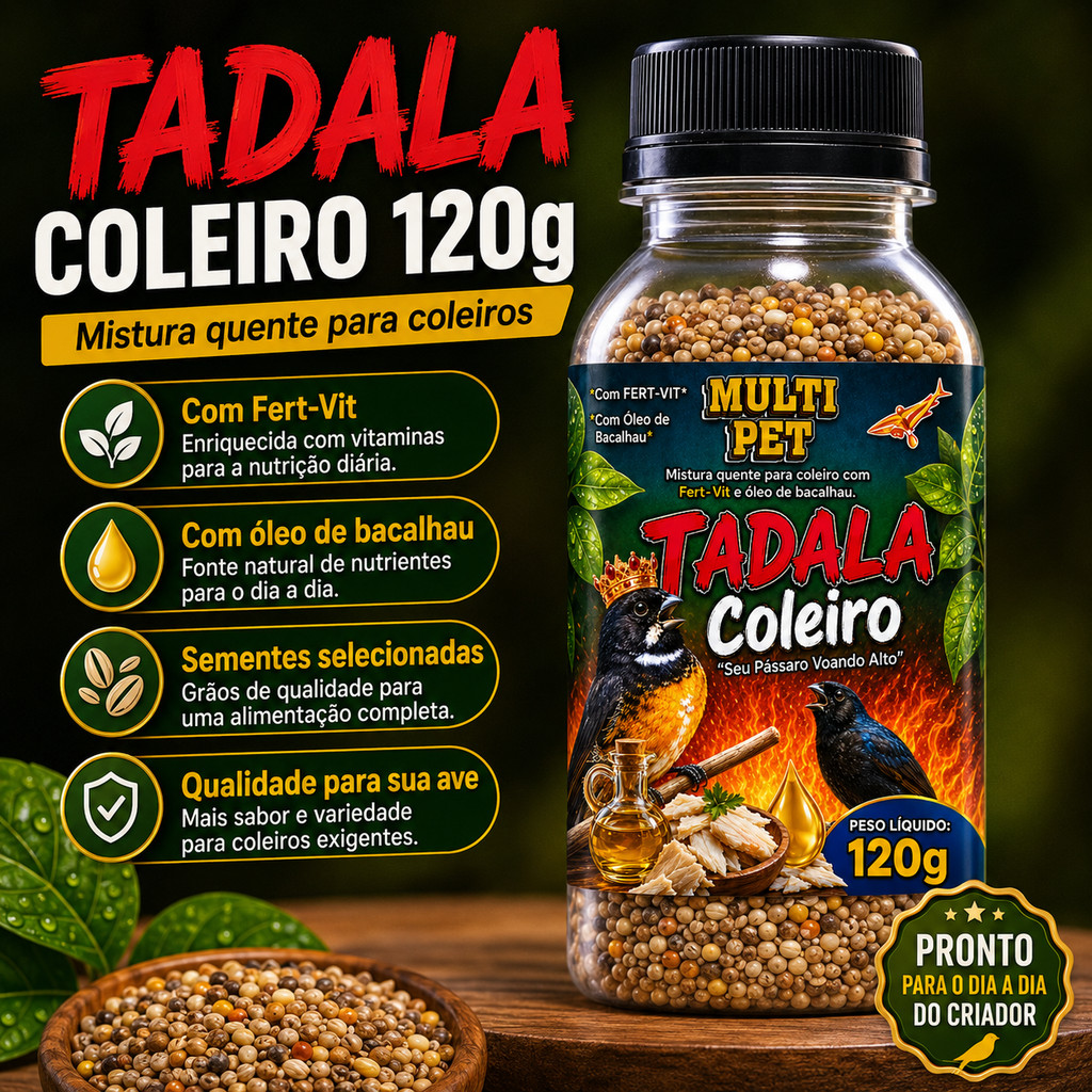 Viagrinha Tadala Coleiro 120g Mistura Quente com Fert-Vit Óleo de Bacalhau e Anticoccidiano Pássaros Papa capim baiano