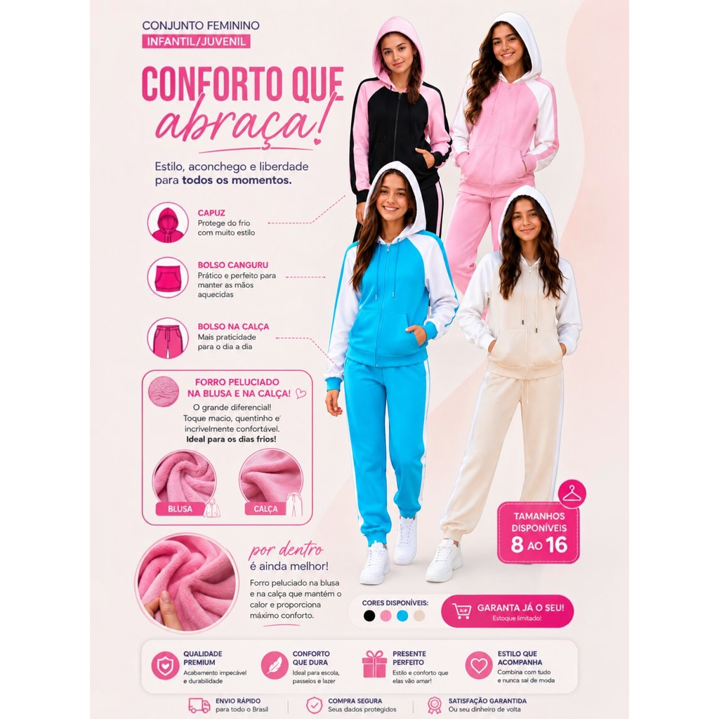 Conjunto Feminino Infantil Juvenil Peluciada com Capuz e Zíper – Moda Infantil Inverno Quentinho e Confortável