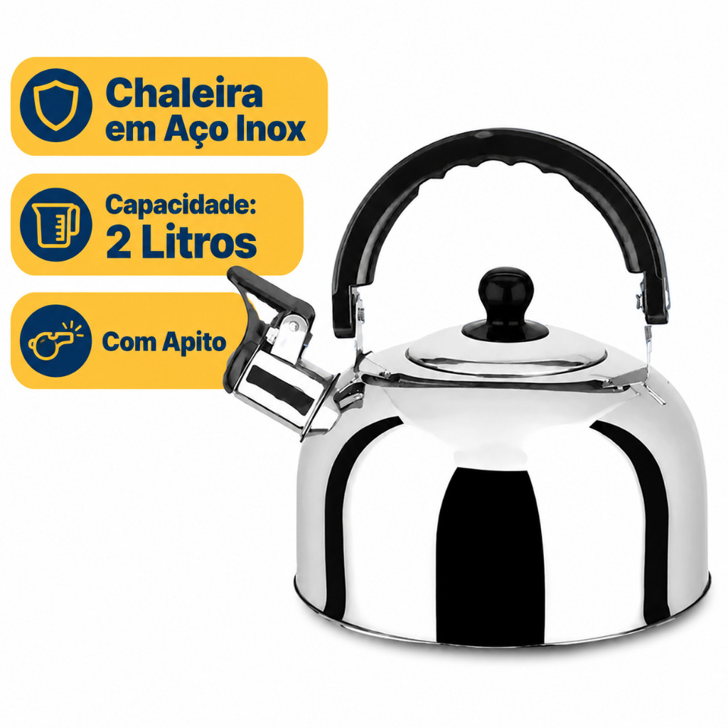 Chaleira De Aço Inox 2L Com Apito Cabo Térmico Para Fogão