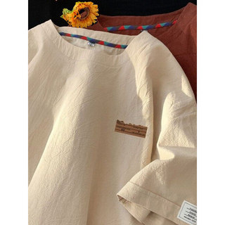 Camiseta masculina de linho damasco meia manga de secagem rápida algodão linho pesado em torno do pescoço Retro solto cu