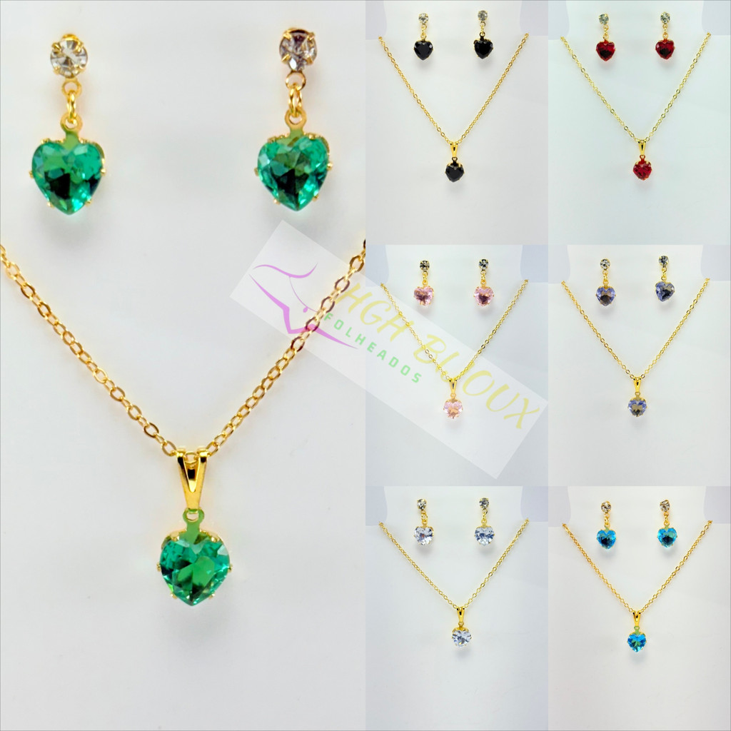 Conjunto de Brinco e Colar Coração Zircônia Colorido Banhado a Ouro 18K, Delicada e Brilhant Antialérgico