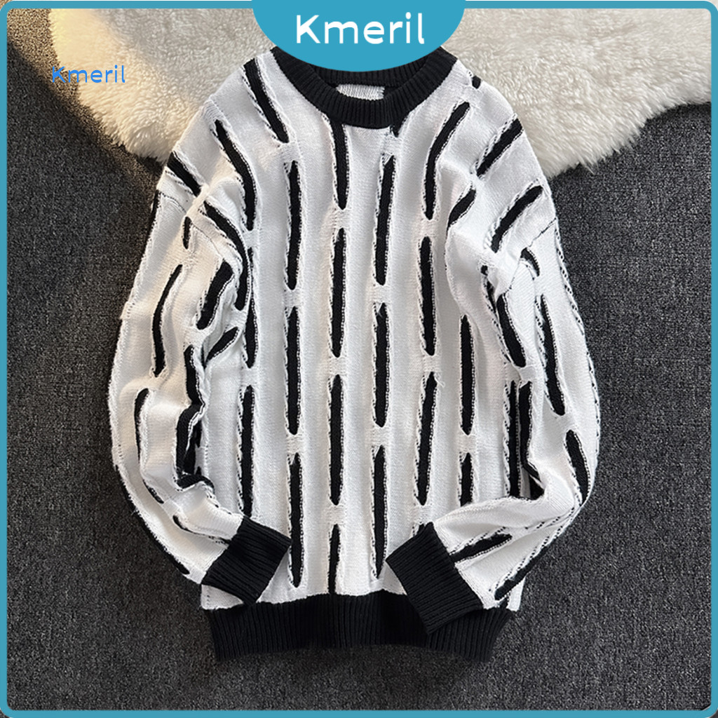 Men Soft Sweater Pullover Men's Fall Winter Thermal Contrast Color Round Neck Knitted Loose Fit Elastic Warm Jumper for