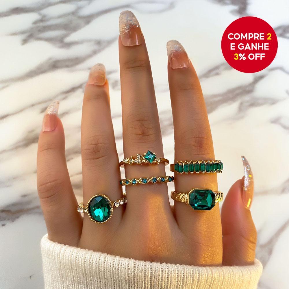 Conjunto de 5 anéis ovais com pedras verdes e detalhes brilhantes, estilo vintage europeu e americano, joias versáteis.