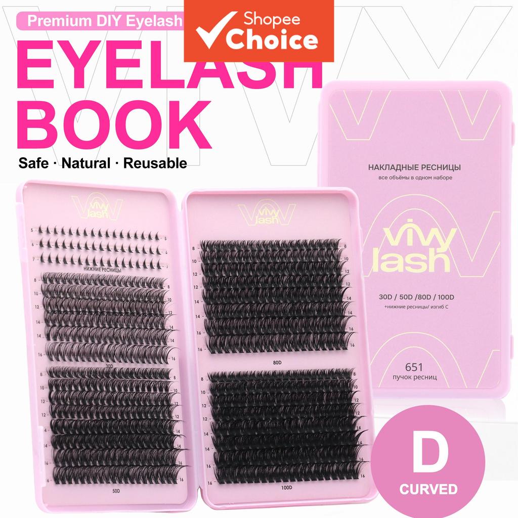 Vivylash 651 Tiras Cílios em D | 30D/50D/80D/100D Naturais, Reutilizáveis, Conjunto Completo de Cílios para DIY
