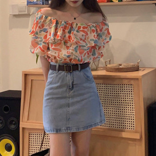 Curto de manga curta quente menina pescoço quadrado solto francês Retro verão de manga curta camisa pequena Chiffon um o