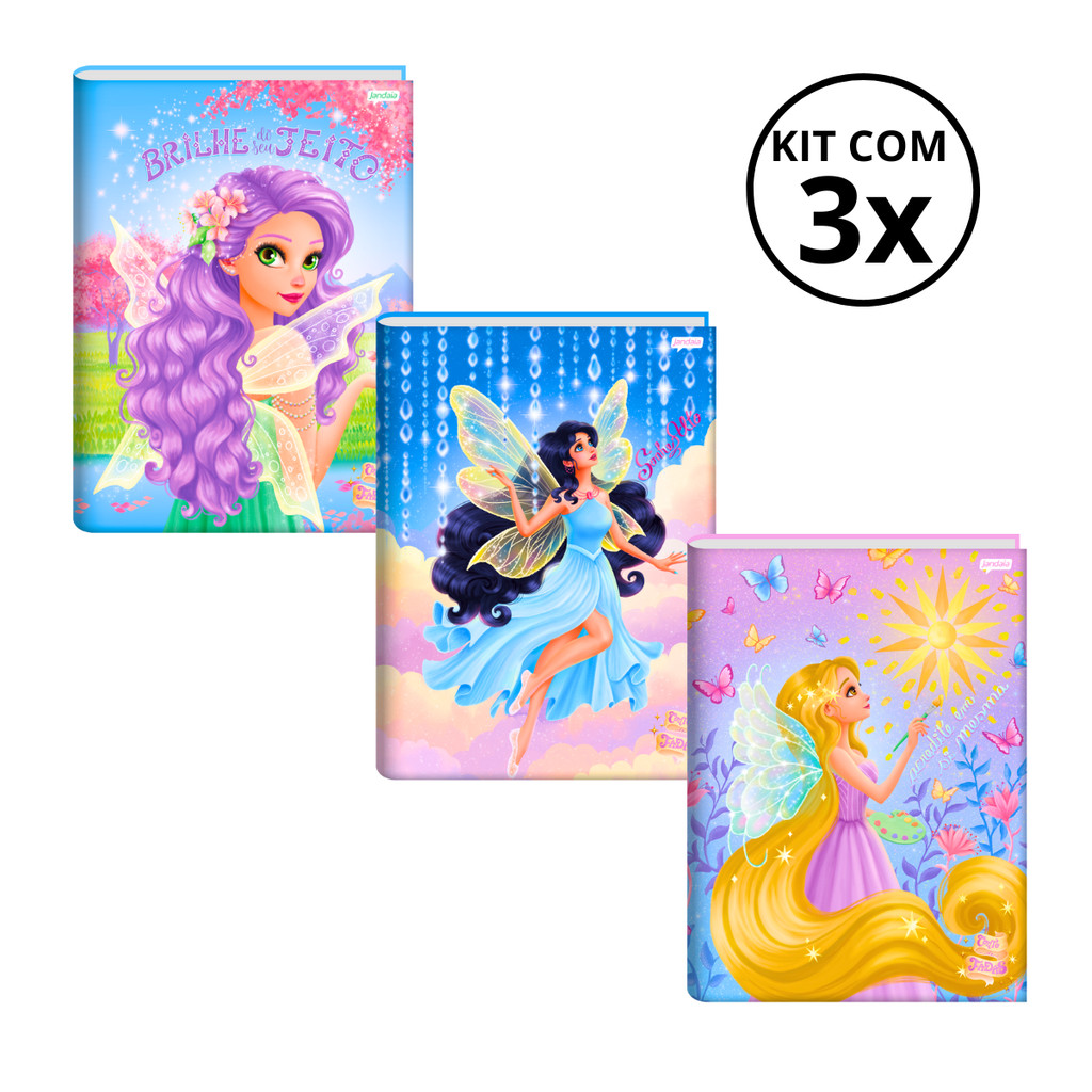 Kit Com 03 Cadernos Brochura 80 Folhas Fada - Jandaia CAPA:Roxo/Azul/Amarelo
