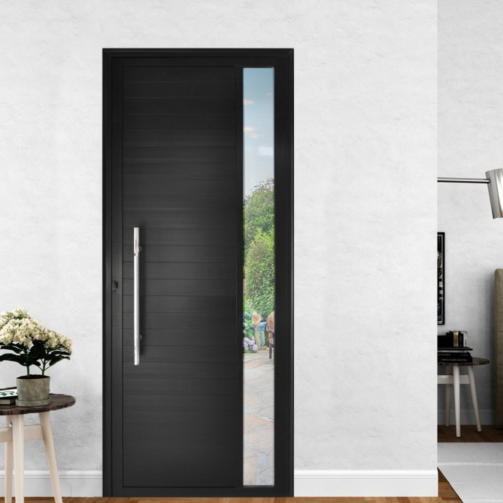 Porta de Alumínio Lambril 210x100cm Visor e Puxador Hale Esquadrias Abertura Direita Preto Preto