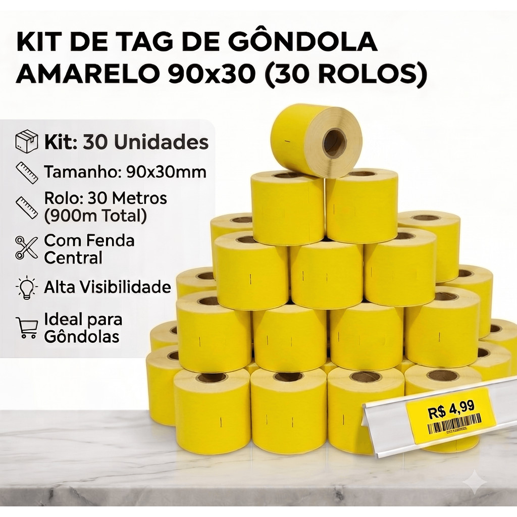 Kit 30 Tag de Gôndola Amarelo 90x30x30mts