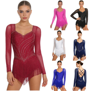 inhzoy Macacão Feminino De Dança Latina Com Strass , Malha De Manga Comprida Tiras Abertas Nas Costas Em Camadas Borla E