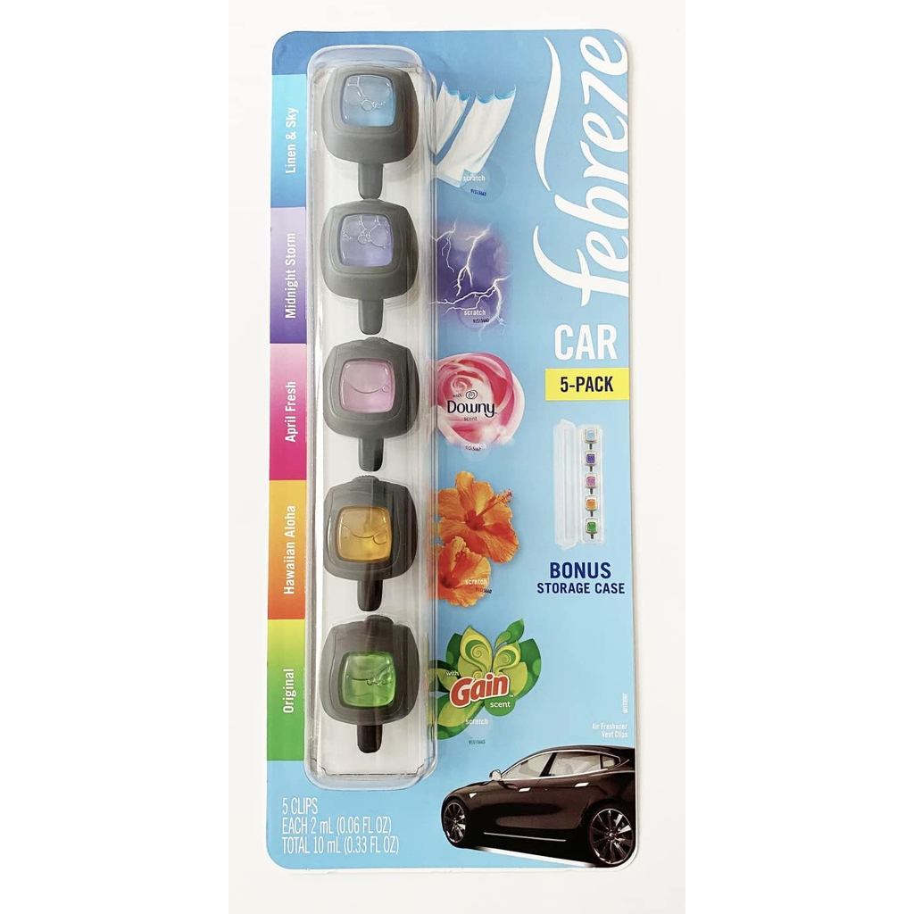 Desodorizador de Ar para Carro Febreze, Conjunto de 5 Clipes, Aromas Gain Island Fresh e Original Gain