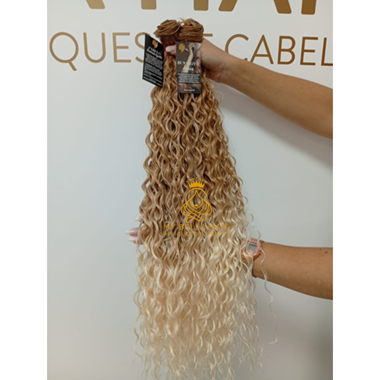 Aplique Cabelo 100% Semi Humano Na Tela Cacheado Loiro Perolado 70cm igual Brasileiro do Sul