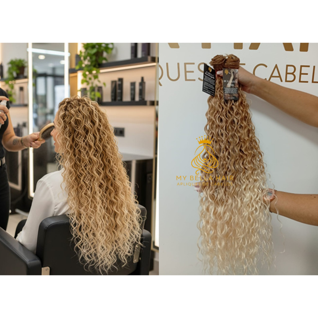 Aplique de Cabelo na Tela Mega Hair Natural Fibra Russa Cacheado Perola 70cm Premium Bella Hair